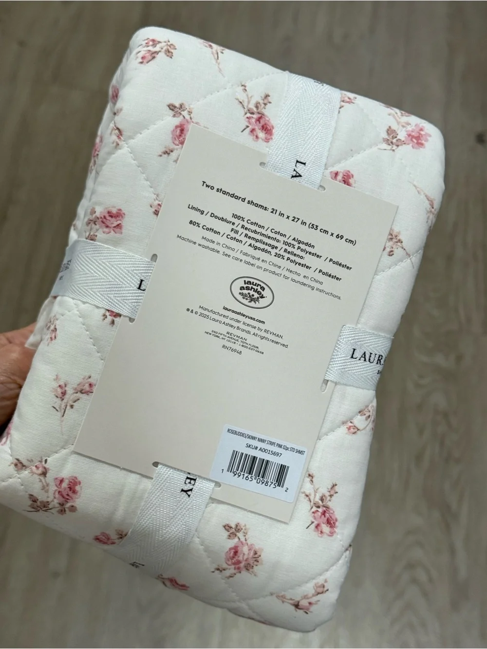 Laura Ashley Cream Quilted Pillow Sham with Pink Rose Sprigs